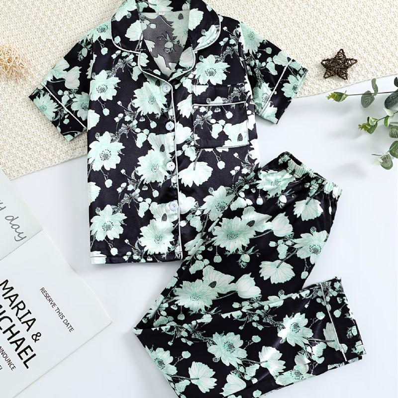 Flickor Green Flower Printed Short Sleeve Button Down Sleepwear Pyjamas Set