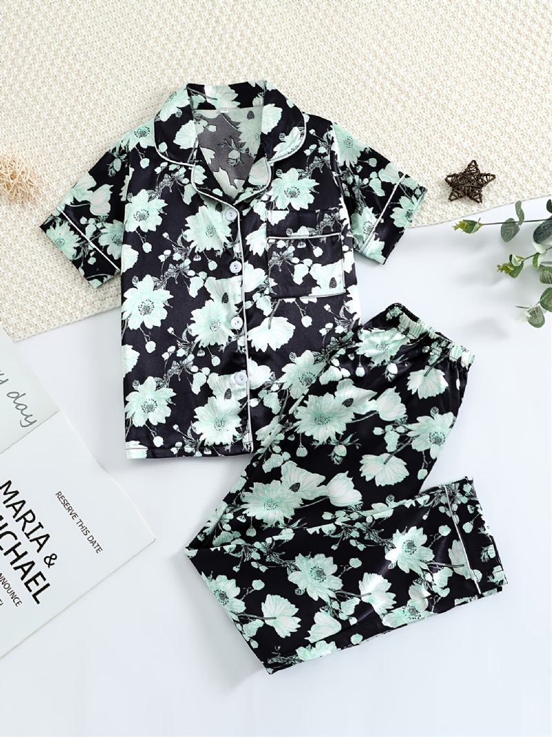 Flickor Green Flower Printed Short Sleeve Button Down Sleepwear Pyjamas Set