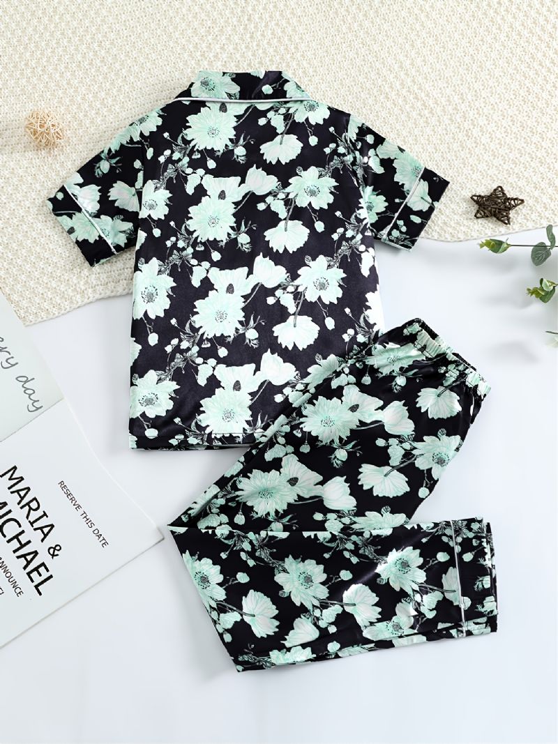 Flickor Green Flower Printed Short Sleeve Button Down Sleepwear Pyjamas Set