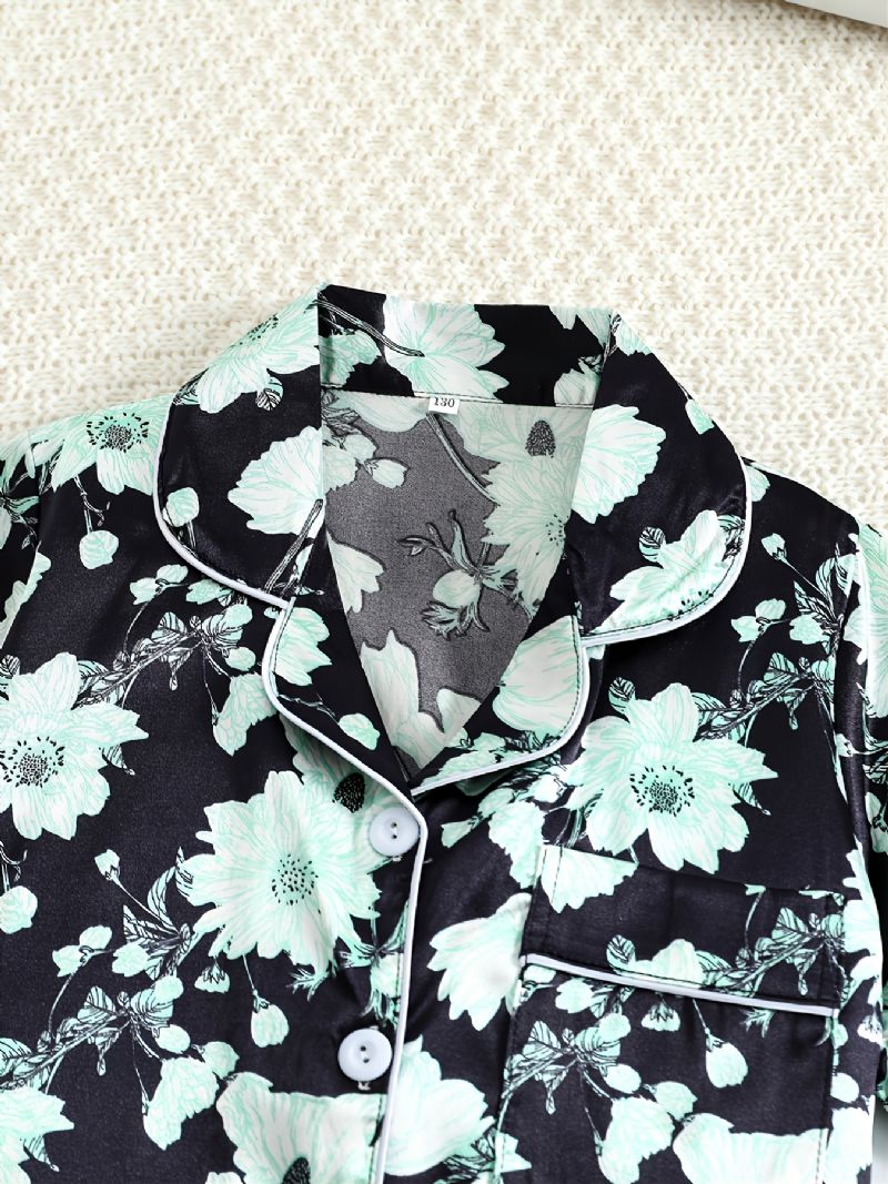 Flickor Green Flower Printed Short Sleeve Button Down Sleepwear Pyjamas Set