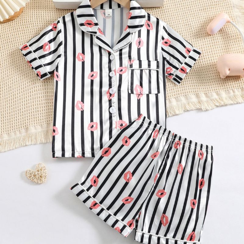 Flickor Lip Print Straip Button Front Satin Pyjamas Set