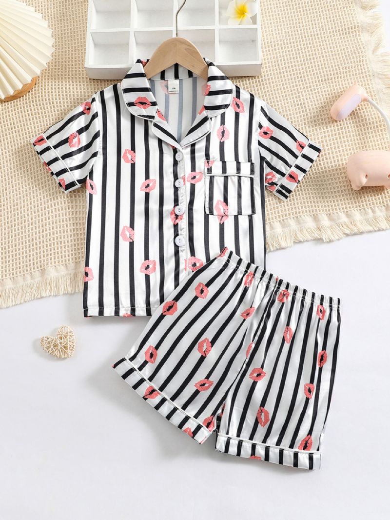 Flickor Lip Print Straip Button Front Satin Pyjamas Set