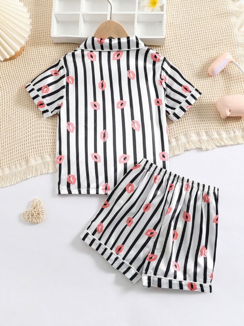 Flickor Lip Print Straip Button Front Satin Pyjamas Set