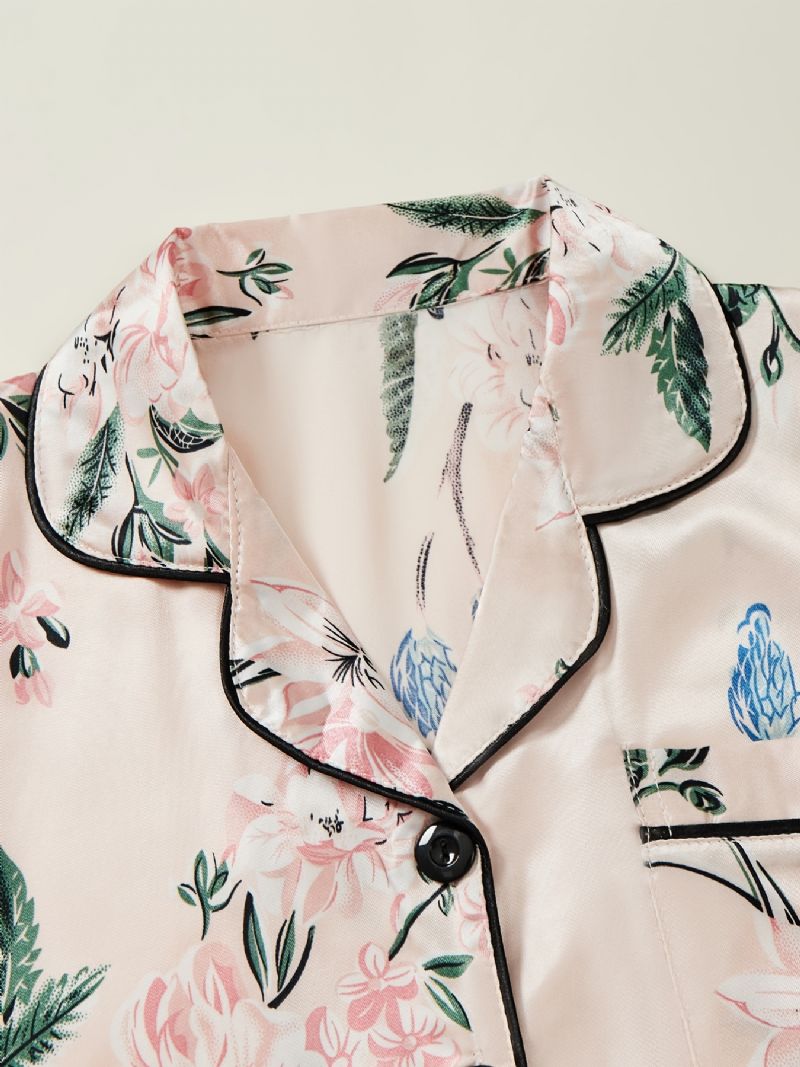 Flickor Med Blommönster Pyjamas Familjeoutfit V-ringad Knapp Med Långärmad Topp & Resårbyxor I Midjan Barnkläder