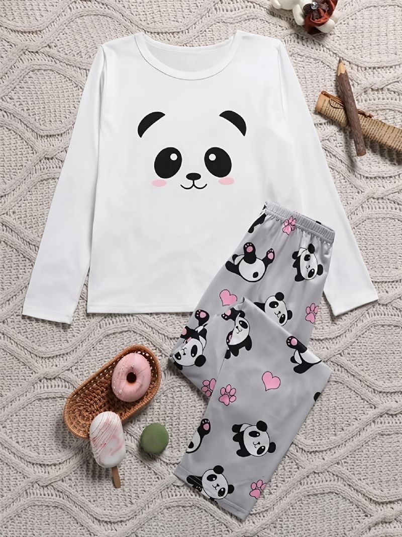 Flickor Panda Print Långärmad Topp + Byxor Pyjamas Set Barnkläder