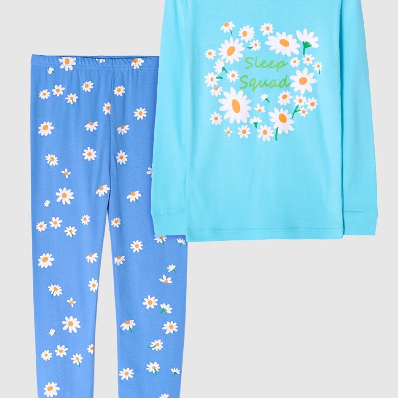 Flickor Pyjamas Daisy Print Rund Hals Långärmad Topp & Byxor Set