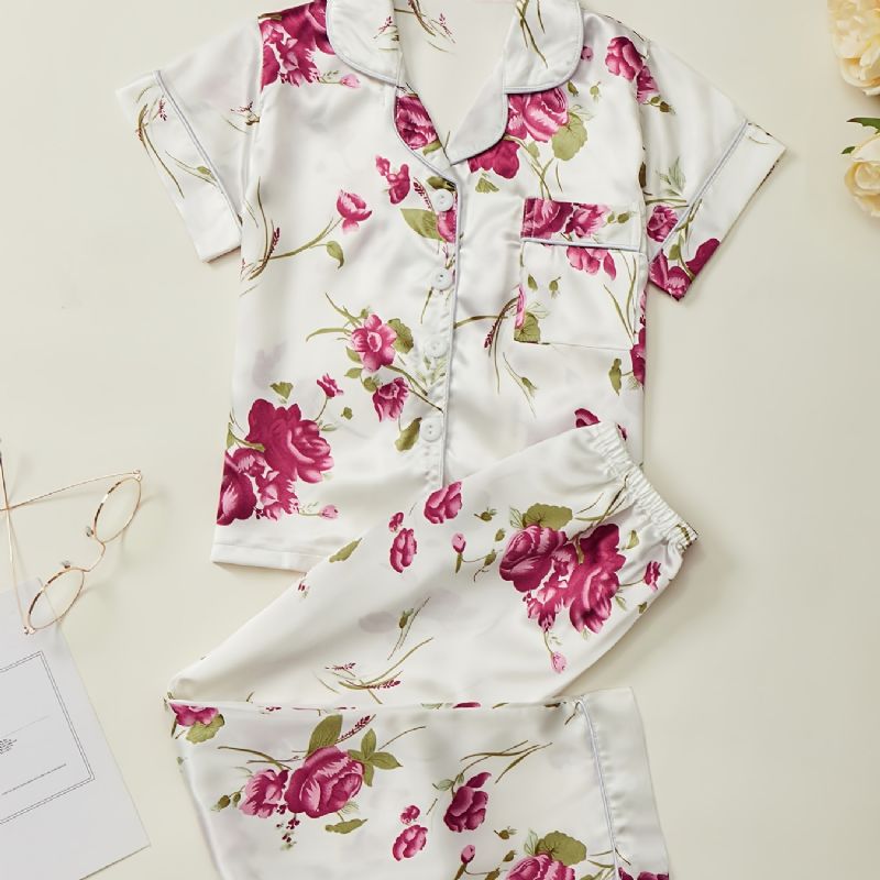 Flickor Pyjamas Familjekläder Blommor Print Lapel Kortärmad Topp & Byxor Set Barnkläder