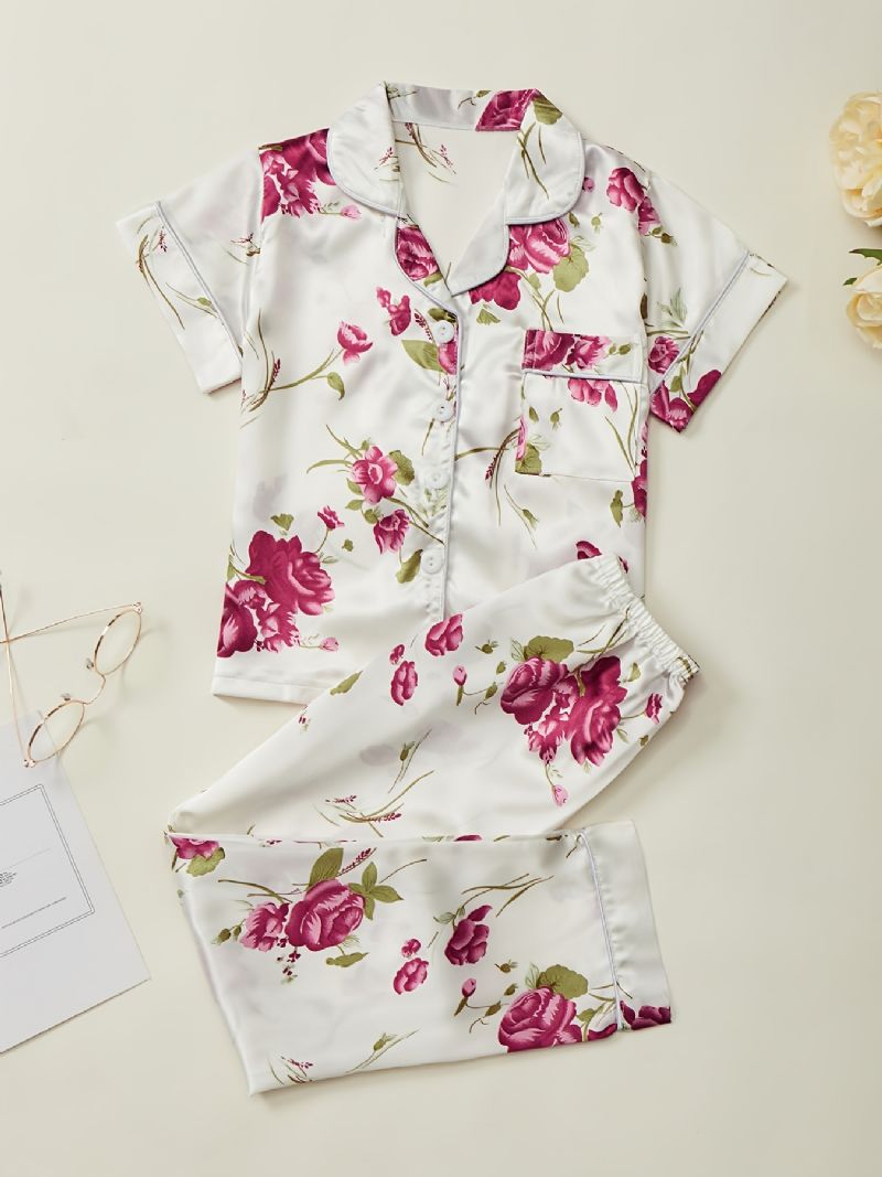 Flickor Pyjamas Familjekläder Blommor Print Lapel Kortärmad Topp & Byxor Set Barnkläder