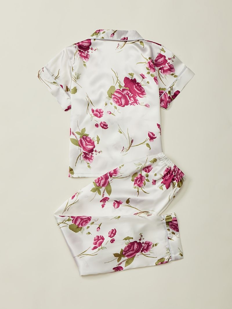 Flickor Pyjamas Familjekläder Blommor Print Lapel Kortärmad Topp & Byxor Set Barnkläder