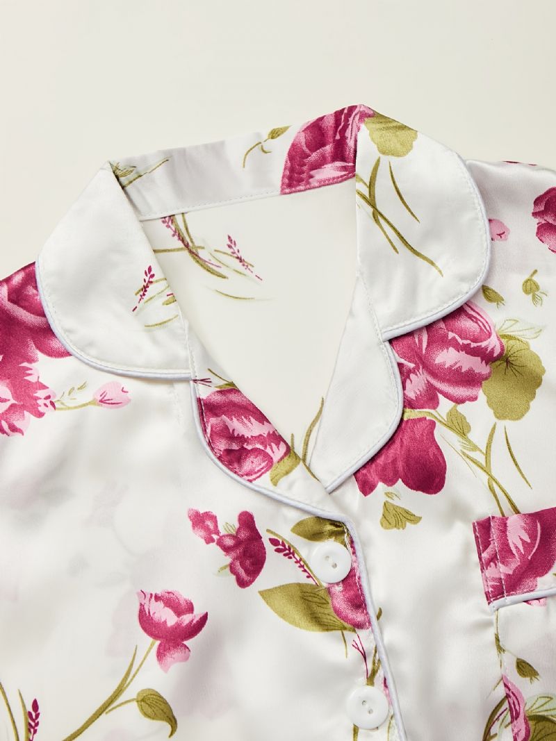 Flickor Pyjamas Familjekläder Blommor Print Lapel Kortärmad Topp & Byxor Set Barnkläder