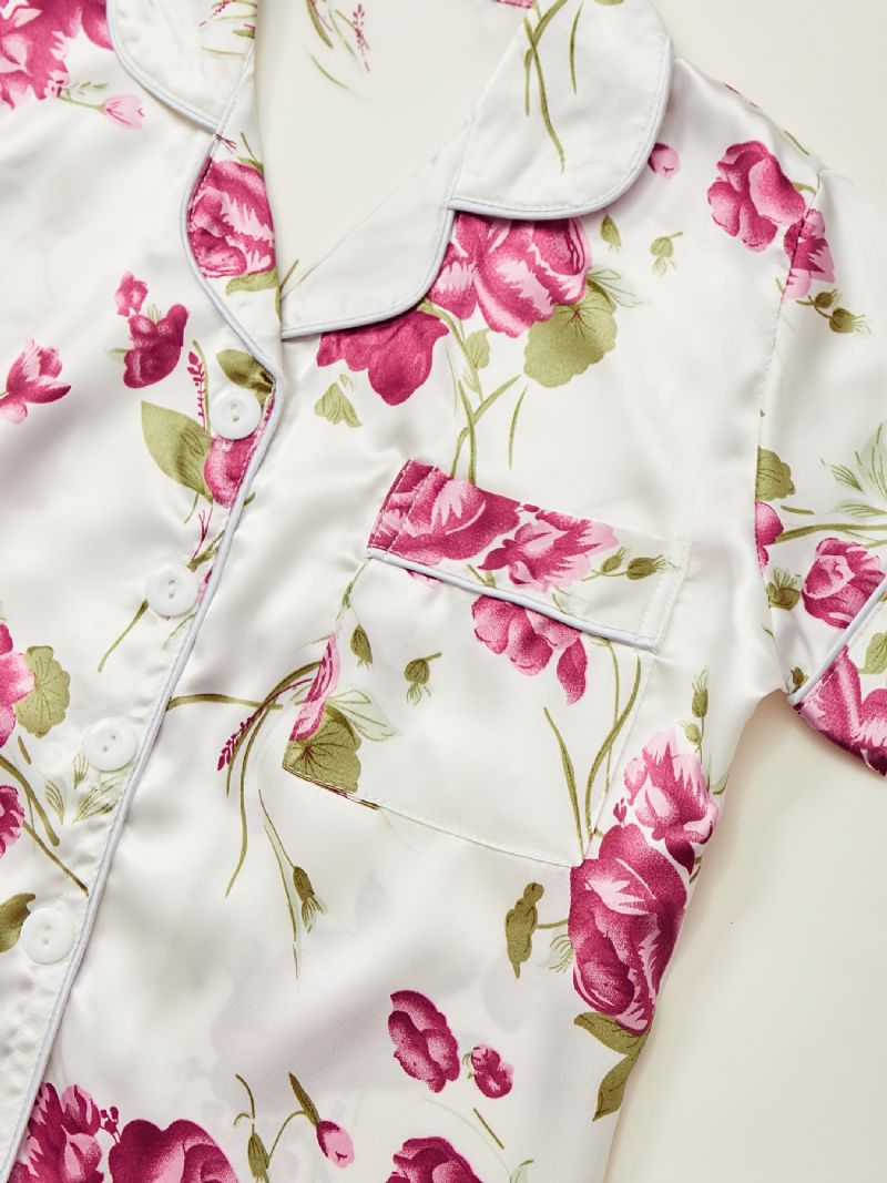 Flickor Pyjamas Familjekläder Blommor Print Lapel Kortärmad Topp & Byxor Set Barnkläder