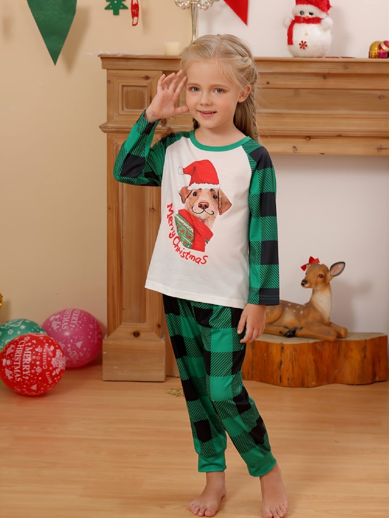 Flickor Pyjamas Jul Barn Pet Dog Digital Print Crew Neck Top Grön Pläd Byxor Set