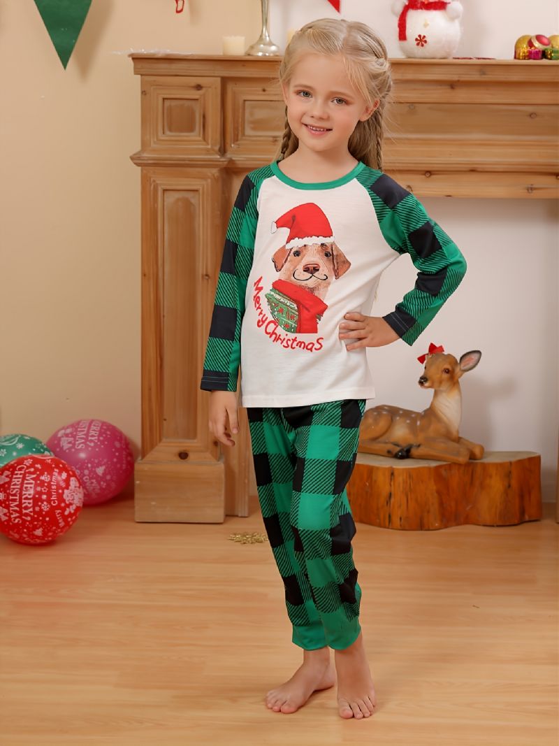 Flickor Pyjamas Jul Barn Pet Dog Digital Print Crew Neck Top Grön Pläd Byxor Set