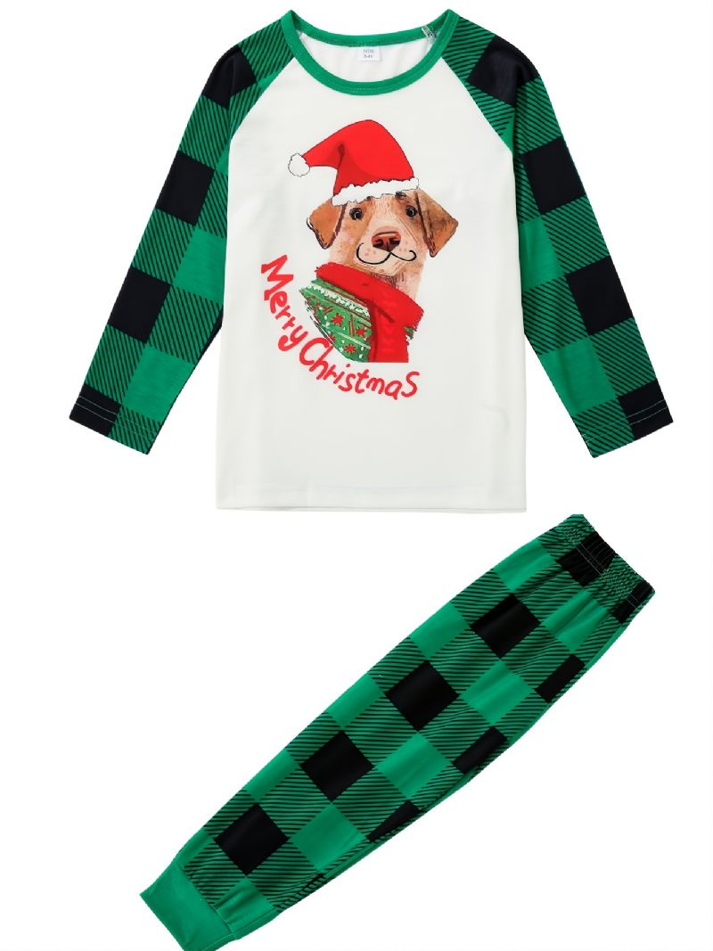 Flickor Pyjamas Jul Barn Pet Dog Digital Print Crew Neck Top Grön Pläd Byxor Set