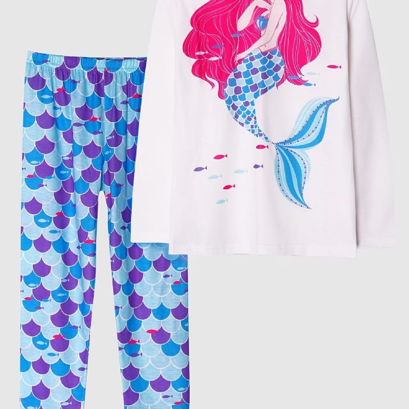 Flickor Pyjamas Mermaid Print Rund Hals Långärmad Topp & Byxor Set