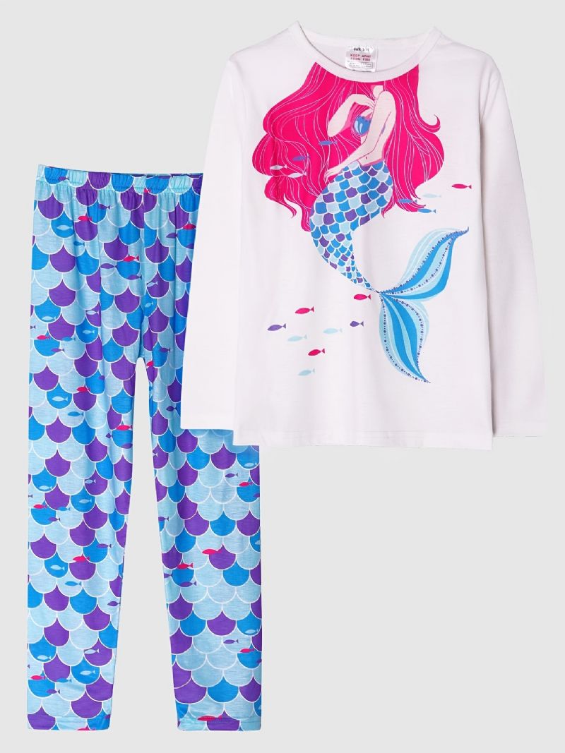 Flickor Pyjamas Mermaid Print Rund Hals Långärmad Topp & Byxor Set