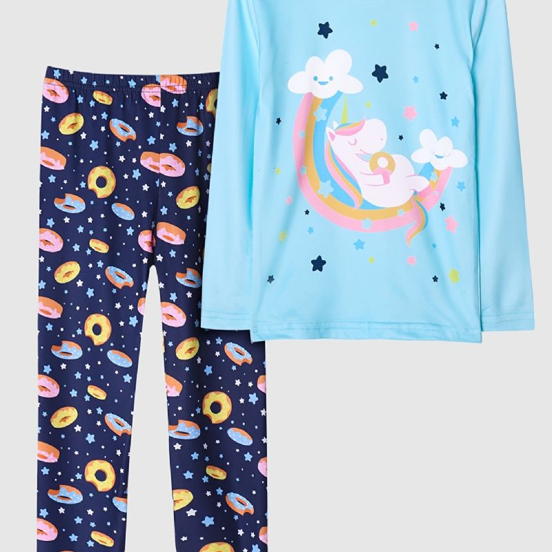 Flickor Pyjamas Unicorn Moon Print Rund Hals Långärmad Topp & Byxor Set