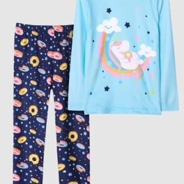 Flickor Pyjamas Unicorn Moon Print Rund Hals Långärmad Topp & Byxor Set