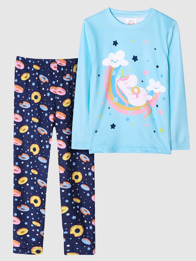 Flickor Pyjamas Unicorn Moon Print Rund Hals Långärmad Topp & Byxor Set