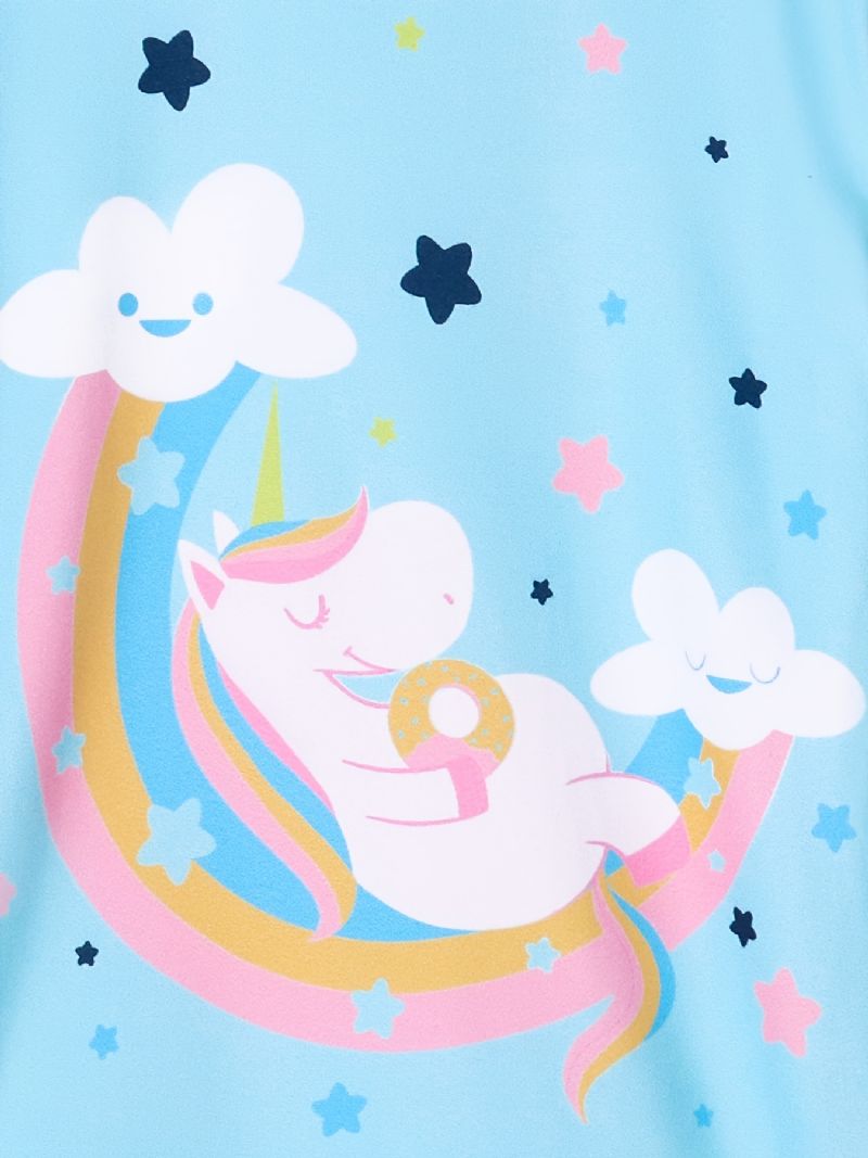 Flickor Pyjamas Unicorn Moon Print Rund Hals Långärmad Topp & Byxor Set