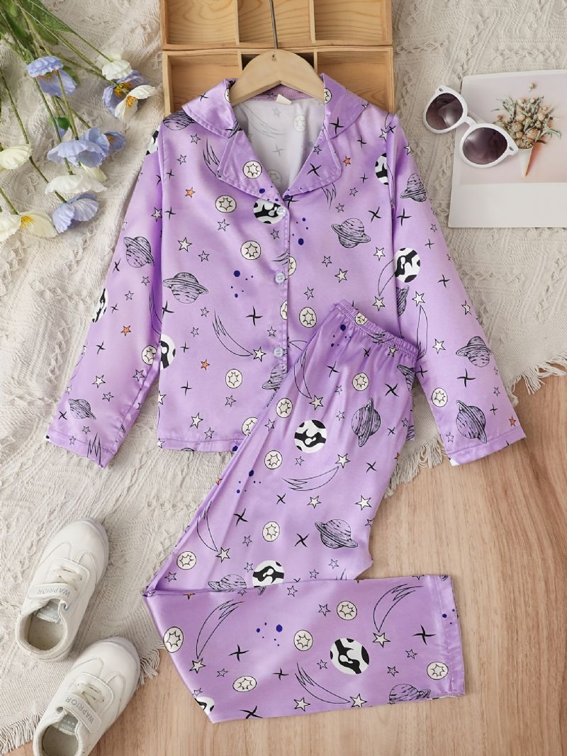 Flickor Satin Star Print Pyjamas Set Långärmad Skjorta + Matchande Byxor Set Lounge Wear Hemkläder Barnkläder