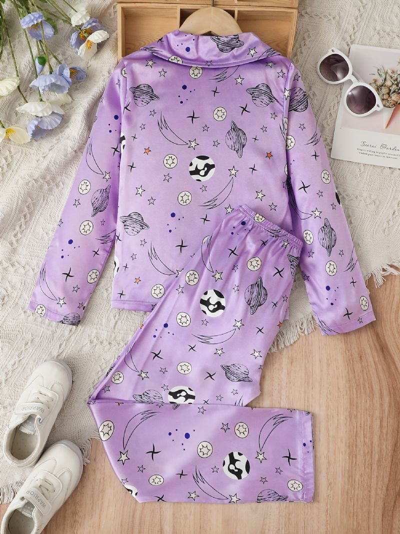 Flickor Satin Star Print Pyjamas Set Långärmad Skjorta + Matchande Byxor Set Lounge Wear Hemkläder Barnkläder