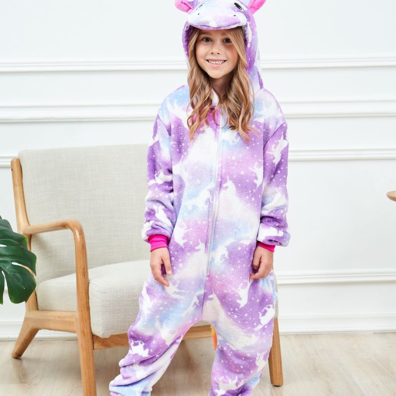 Flickor Söt Cartoon Unicorn Hooded Pyjamas Barn Lila Holiday Kostym För Vintern