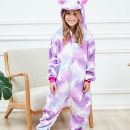 Flickor Söt Cartoon Unicorn Hooded Pyjamas Barn Lila Holiday Kostym För Vintern