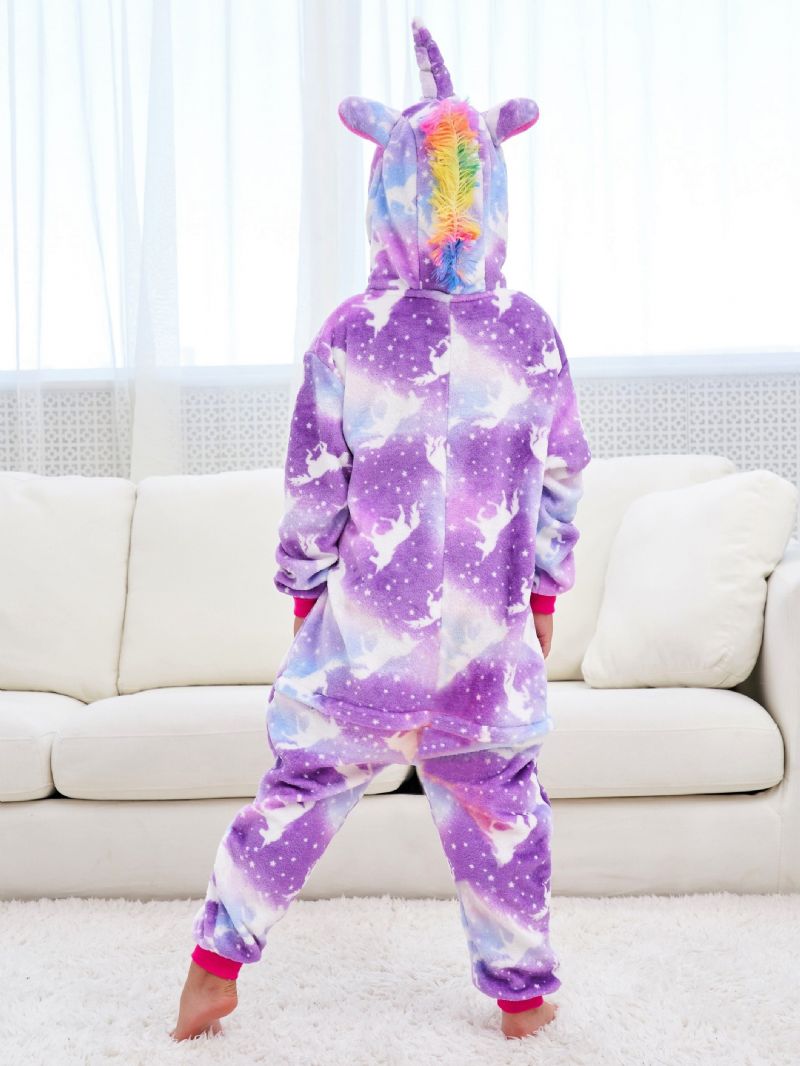 Flickor Söt Cartoon Unicorn Hooded Pyjamas Barn Lila Holiday Kostym För Vintern