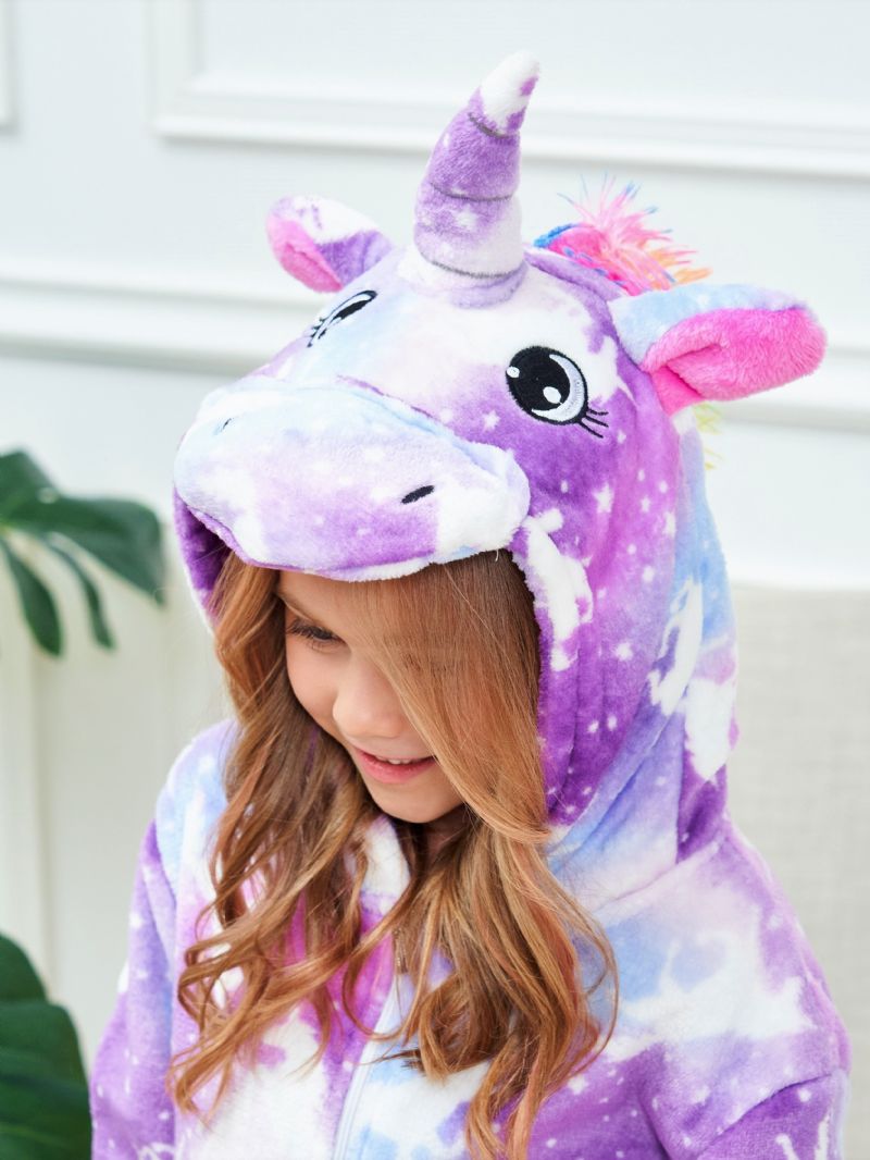 Flickor Söt Cartoon Unicorn Hooded Pyjamas Barn Lila Holiday Kostym För Vintern