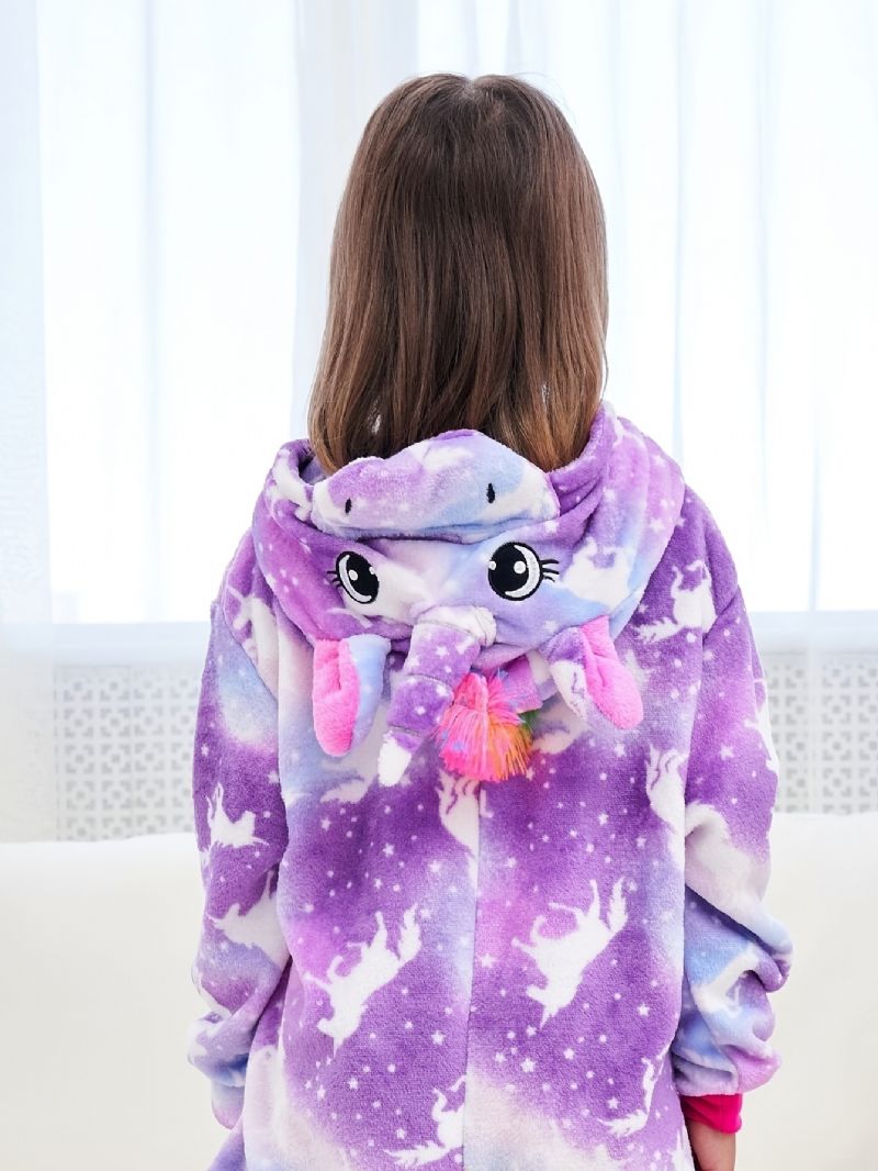 Flickor Söt Cartoon Unicorn Hooded Pyjamas Barn Lila Holiday Kostym För Vintern