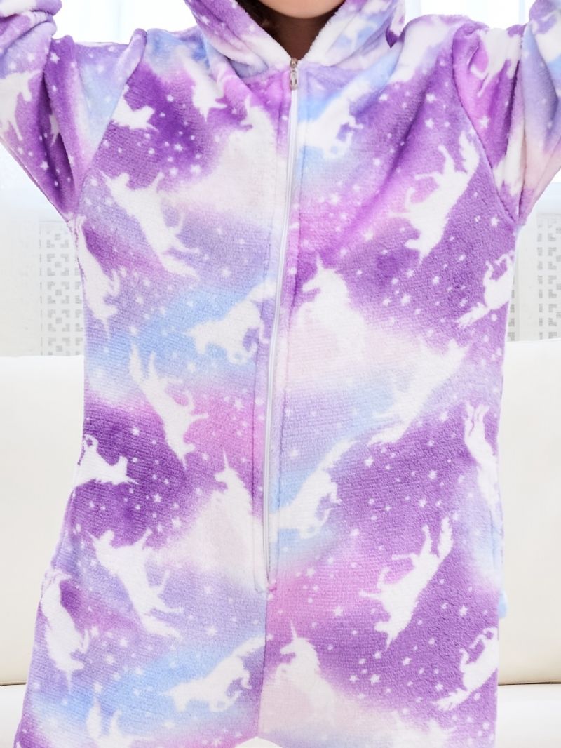 Flickor Söt Cartoon Unicorn Hooded Pyjamas Barn Lila Holiday Kostym För Vintern