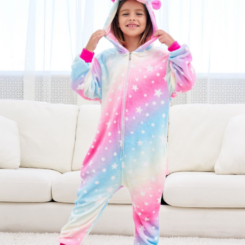 Flickor Söt Fleece Thermal Rainbow Unicorn Hooded Pyjamas För Hem Party