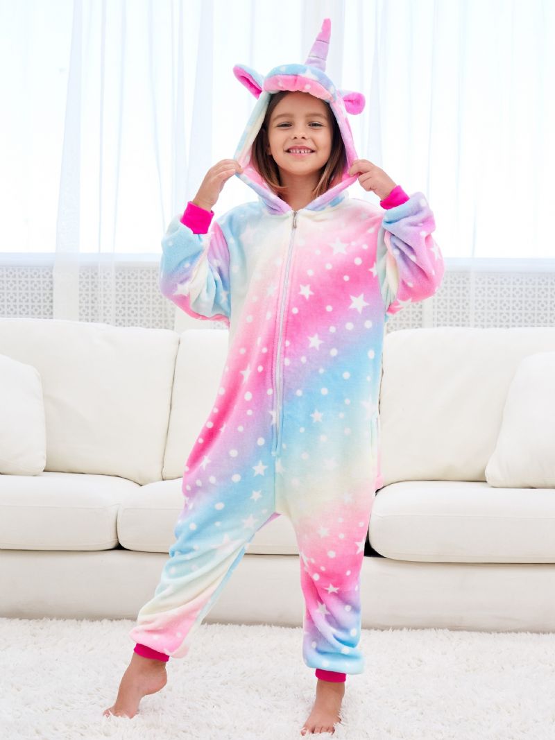 Flickor Söt Fleece Thermal Rainbow Unicorn Hooded Pyjamas För Hem Party