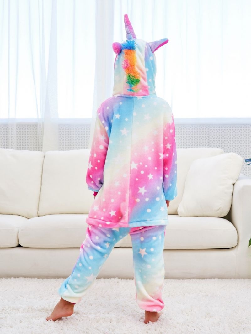 Flickor Söt Fleece Thermal Rainbow Unicorn Hooded Pyjamas För Hem Party