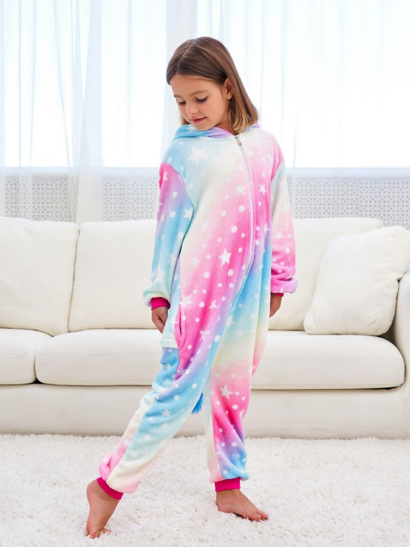 Flickor Söt Fleece Thermal Rainbow Unicorn Hooded Pyjamas För Hem Party