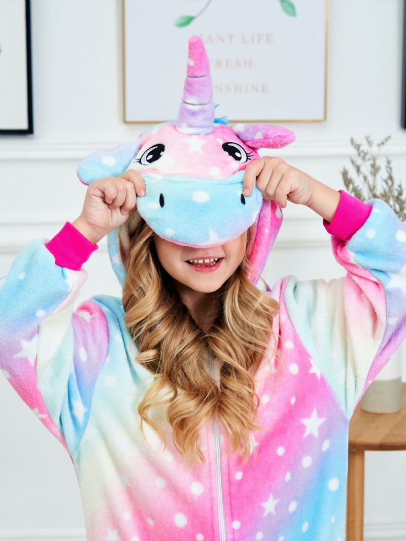 Flickor Söt Fleece Thermal Rainbow Unicorn Hooded Pyjamas För Hem Party