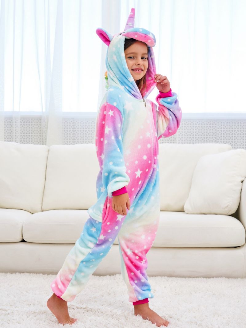 Flickor Söt Fleece Thermal Rainbow Unicorn Hooded Pyjamas För Hem Party