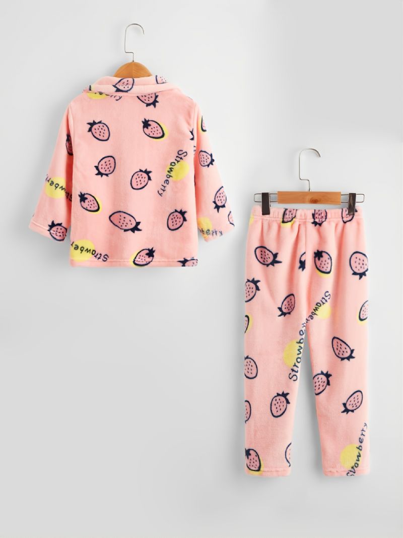 Flickor Söt Jordgubbsmönster Flanell Långärmad Varm Tjej Pyjamasset Rosa