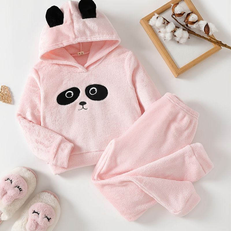 Flickor Söt Tecknad Panda Mönster Flanell Hooded Pyjamas Set Rosa