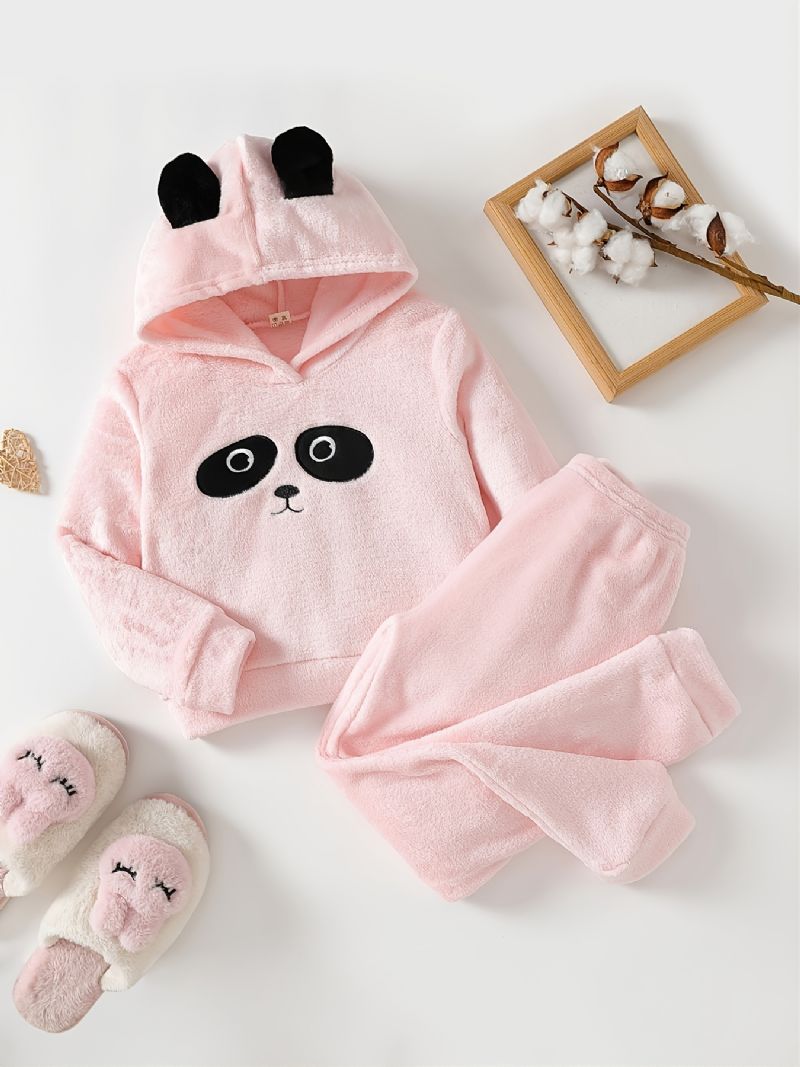 Flickor Söt Tecknad Panda Mönster Flanell Hooded Pyjamas Set Rosa