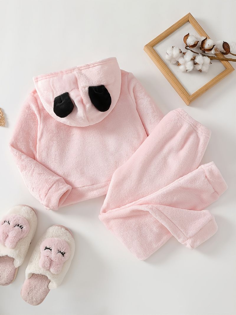 Flickor Söt Tecknad Panda Mönster Flanell Hooded Pyjamas Set Rosa