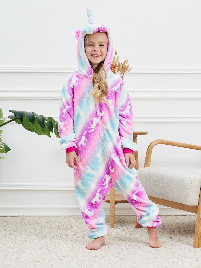 Flickor Söt Unicorn Hooded Pyjamas Fleece Thermal Animal Dräkt För Vinter Hem Party