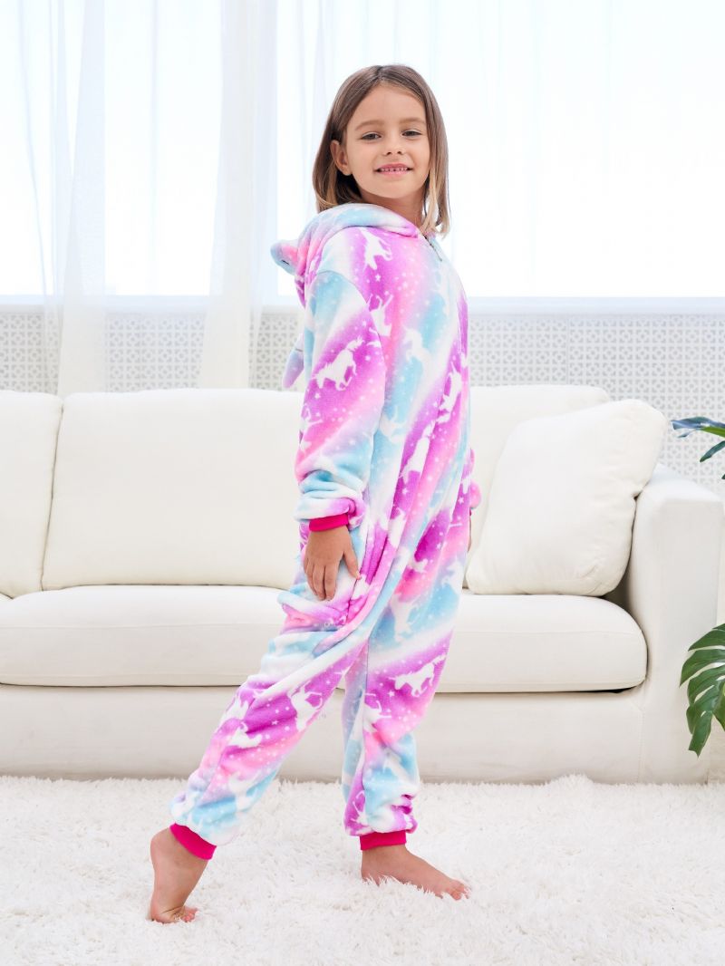 Flickor Söt Unicorn Hooded Pyjamas Fleece Thermal Animal Dräkt För Vinter Hem Party