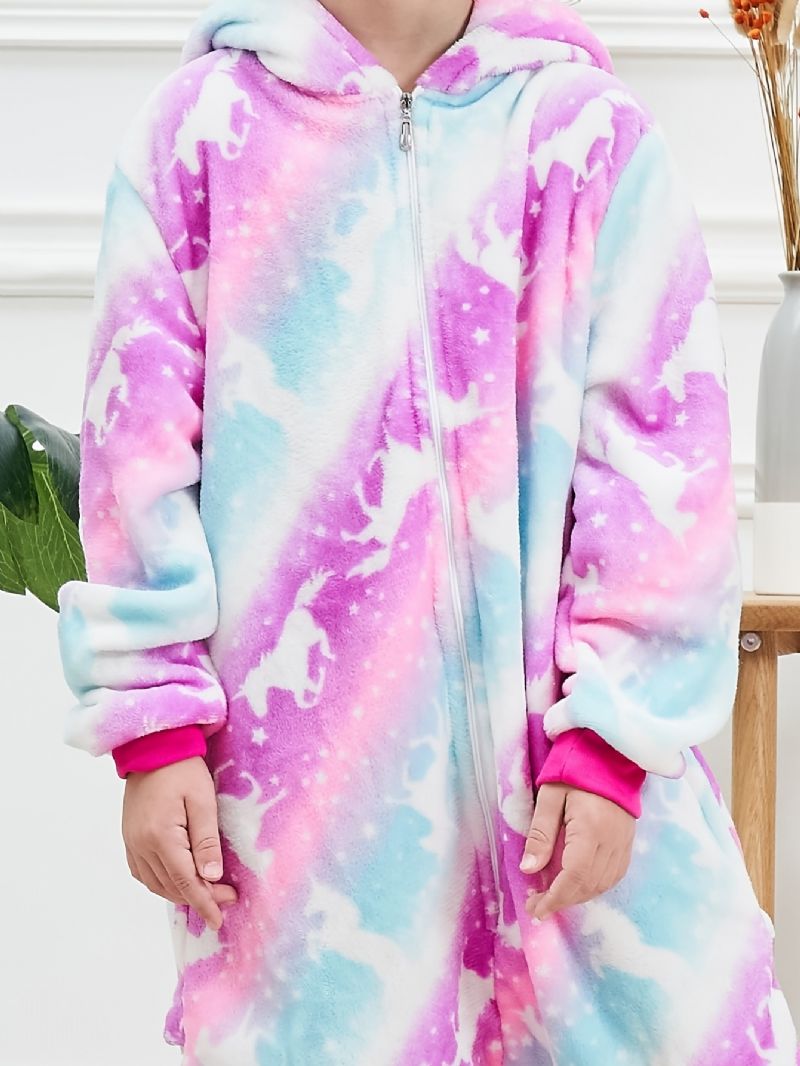 Flickor Söt Unicorn Hooded Pyjamas Fleece Thermal Animal Dräkt För Vinter Hem Party