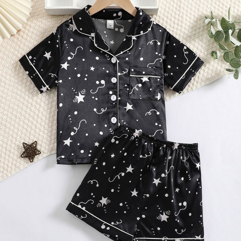 Flickor Star Print Grafisk Satin Lapel Neck Pyjamas Set