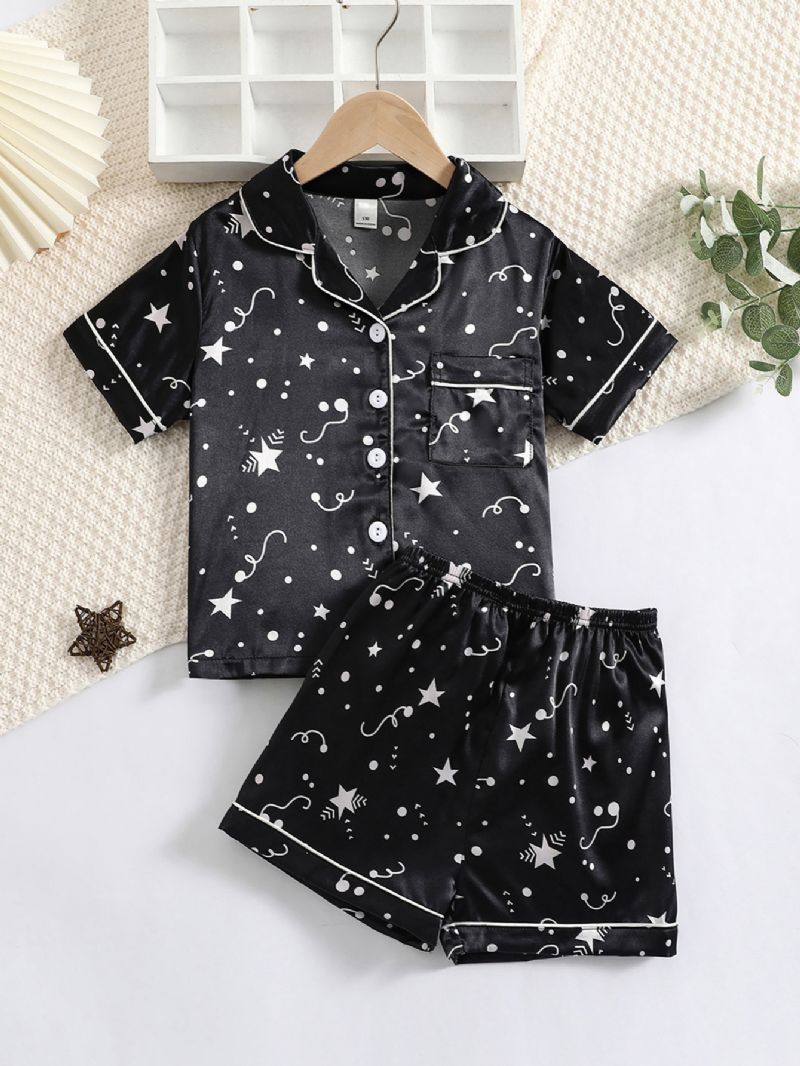 Flickor Star Print Grafisk Satin Lapel Neck Pyjamas Set