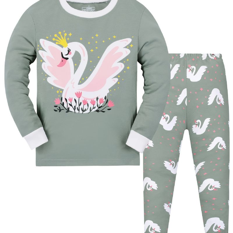 Flickor Swan Sweatshirt + Byxa Set Barnkläder Pyjamas Set Lounge Wear Homewear