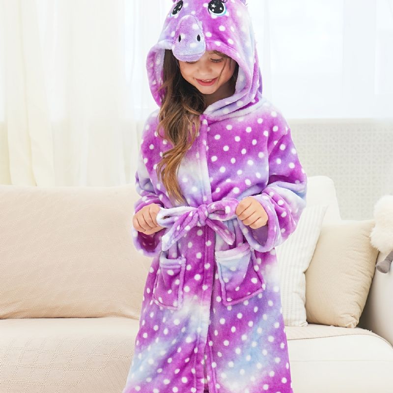 Flickor Unicorn Hooded Morgonrock Lila Galaxy Dots Fleece Barnkläder Sovkläder