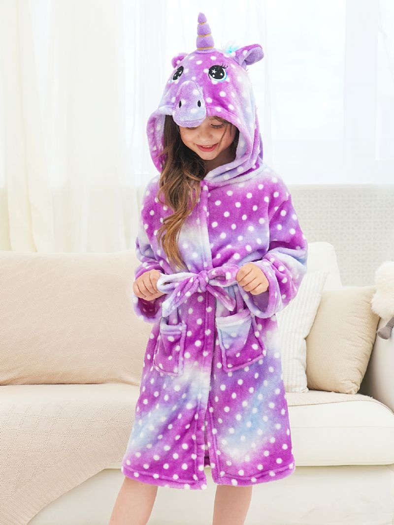 Flickor Unicorn Hooded Morgonrock Lila Galaxy Dots Fleece Barnkläder Sovkläder